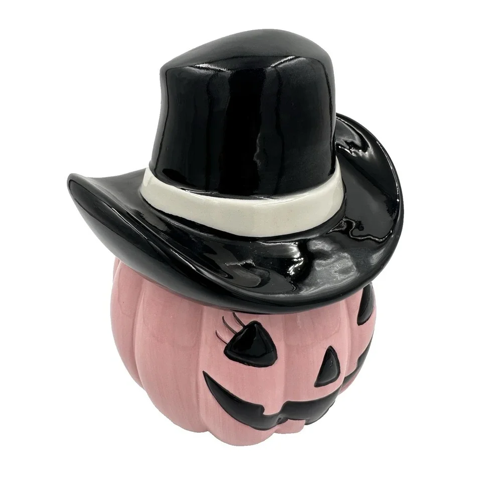 Pink Pumpkin Cowboy Hat Cookie Jar Ceramic Halloween Decor Pinkoween